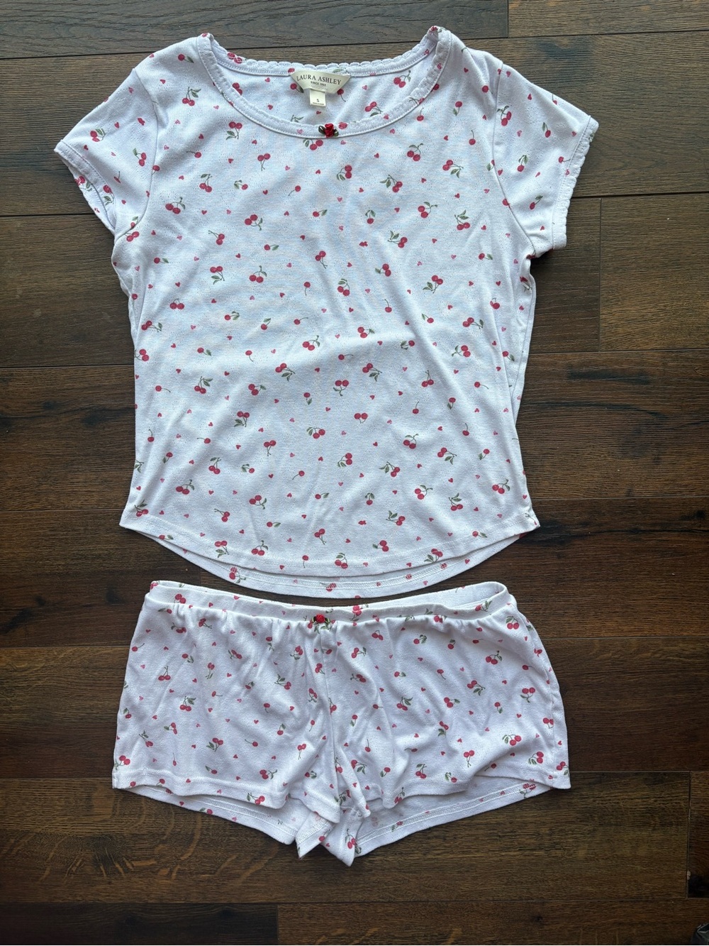 Laura Ashley White Cherry-Print Short Pajama Set